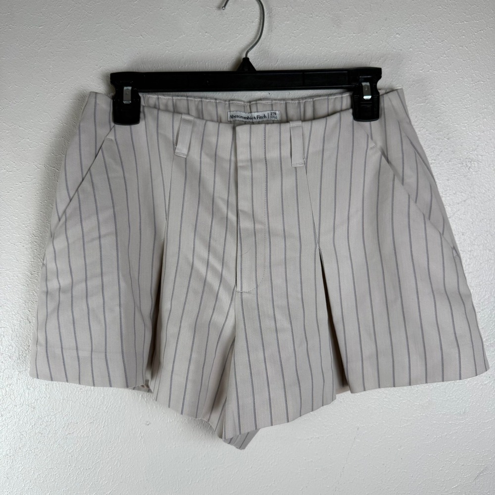 Abercrombie & Fitch Women 27R Pinstripe Pleated Tailored Shorts Cream Beige